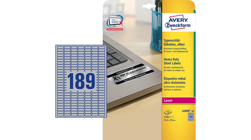 Label, Polyester, 25.4 x 10mm, 20x 189pcs, Silver